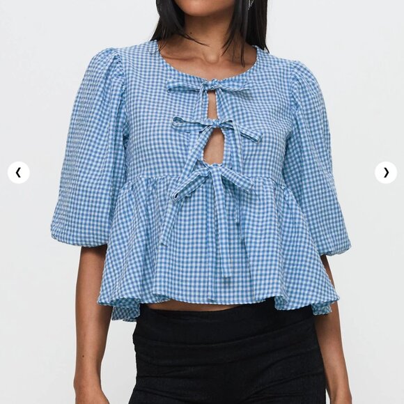 Princess Polly Full house tie up blouse top blue plaid - Picture 2 of 3